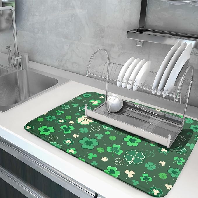 Happy St. Patrick's Day Dish Drying Mat for Kitchen Green Lucky Shamrock Clover Dish Drying Mat for Dishes Spring Irish Drying Mats 18x24 Inch Absorbent Reversible Dish Pad for Countertop Coffee Bar