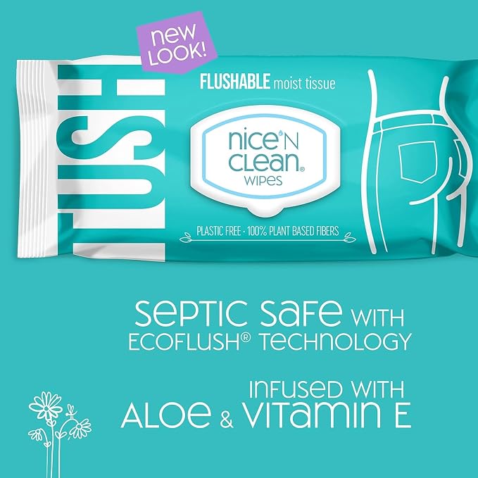Nice 'N Clean Adult Flushable Wipes (12 x 42 Count) | Personal Cleansing Wipes Made from Plant-Based Fibers | Infused with Aloe & Vitamin E