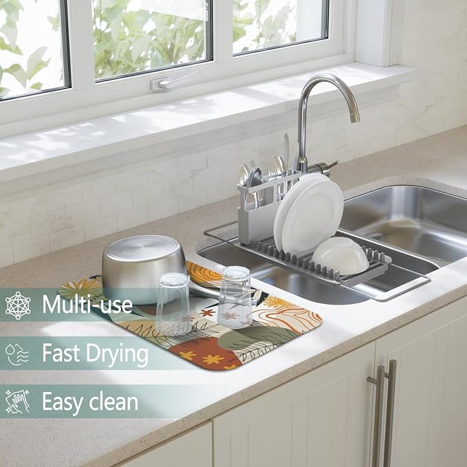 Dish Drying Mat 2-Pack in Boho Abstract for Kitchen Counter Dishes Mat | Diatom Mud Mats (18x24, 19.5x12"). Non-slip rubber back for kitchen counter, coffee bar & sink scenes