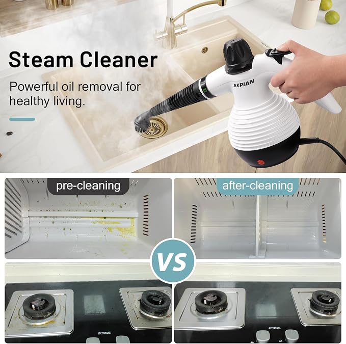 Handheld Steam Cleaner, 221°F Steamer with 10 Accessories | Heats in 3 Mins Safety Lock For Oven, Slate Tile,Upholstery Furniture, Windows Kitchen&Bathroom