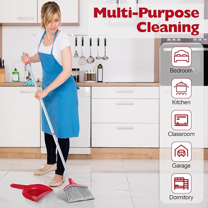 Meanplan 6 Pcs Angle Broom and Dustpan Combo Set for School Classroom 54 Inch Outdoor Indoor Cleaning Broom Commercial Broom with Step-on Dustpan for Home Kitchen Office Floor Dirt Dust Hair Cleaning