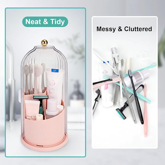 QIYVLOS Toothbrush Holders with Sliding Lid, Rotating 3 Slots Bathroom Organizer Countertop, Tooth Brush Toothpaste Holder Bathroom Counter Stand Sink Organizer Caddy for Makeup Brushes Holder (Pink)