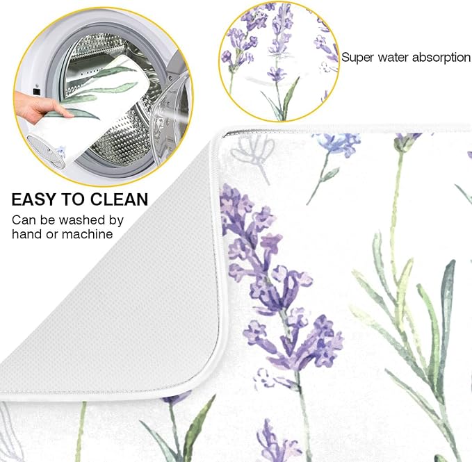 Absorbent Dish Drying Mat for Kitchen Counter - Cute Purple Lavender Microfiber Drying Pad, Reversible Drainer Mats for Countertop, Large 18 x 24 inch