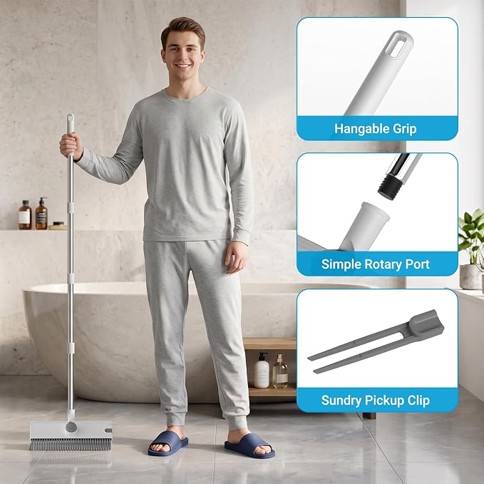 Pool Scrub Brush with 52" Pole, 3 in 1 Pool Cleaning Brush with Squeegee, Floor Scrub Brush with Long Handle, Deck Brush for Swimming Pool Tile Wall Patio Concrete White