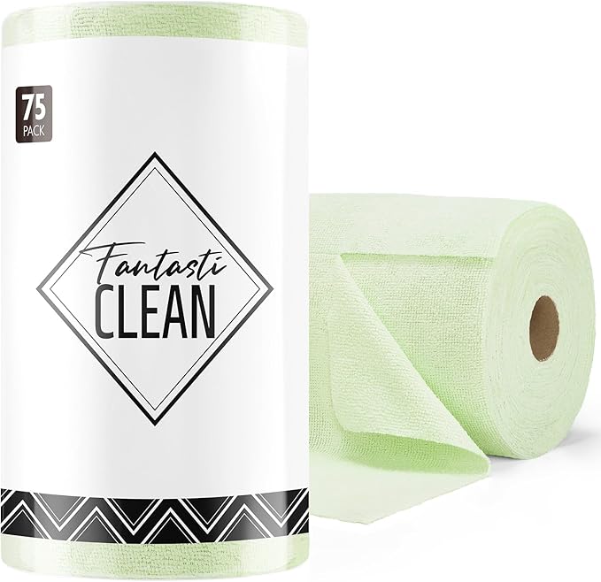 Fantasticlean Microfiber Cleaning Cloth Roll- 75 Sheets, 12" x 12" (Green) | Super Absorbent, Lint-free, Tear-away Microfiber Towel Roll, for All-Purpose Cleaning, Reusable Alternative to Paper Towels