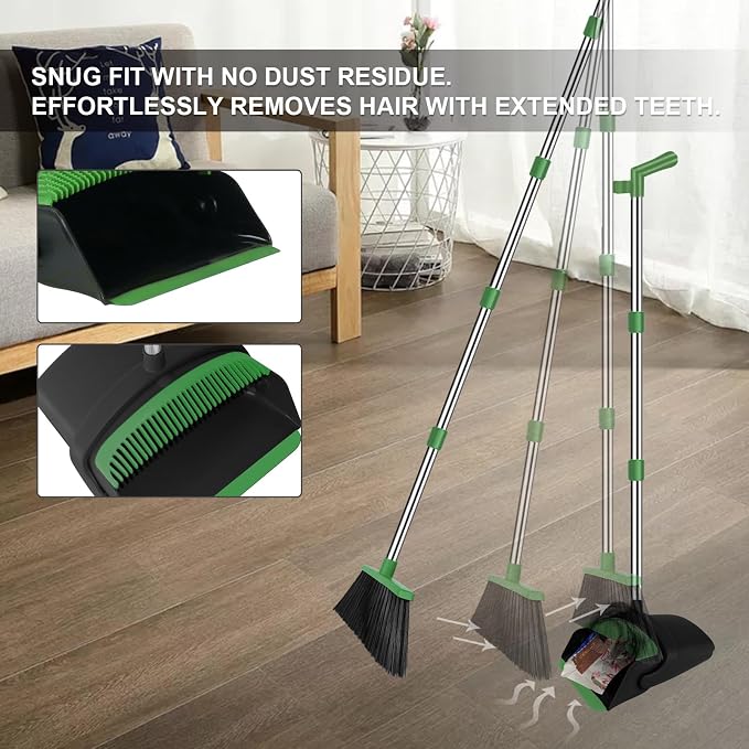 Green Broom and Dustpan Combo Set, 51" Long Handle Broom | Pet Hair & Debris Cleaning, Built-in Comb Dustpan, Space-Saving Upright Storage, Multi-Surface Use for Home, Kitchen & Office