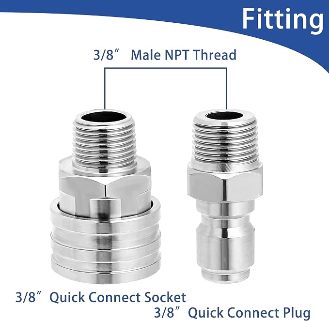 M MINGLE Pressure Washer Adapter Set, 2 Sets 3/8" NPT Quick Connect Fitting | Stainless Steel Pressure Washer Fittings, Male Power Washer Quick Disconnect Kit, Secure Ball Lock Connection, 5000 PSI