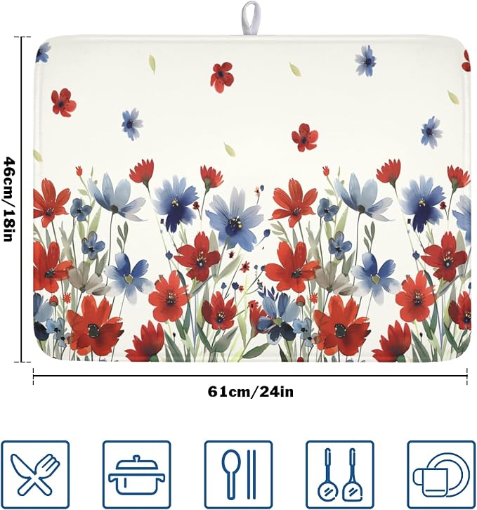 4th of July Floral Dish Drying Mat for Kitchen Counter 18 x 24 Inch Patriotic Dish Drainer Mat Absorbent Microfiber Independece Day Dish Rack Pad for Coffee Dining Bar Decor