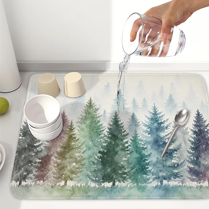 Giwawa Pine Tree Dish Drying Mat Natural Forest Fog Microfiber Dishes Pad 18x24 Inch Absorbent Fast Dry Dish Drainer Rack Mats for Kitchen Counter