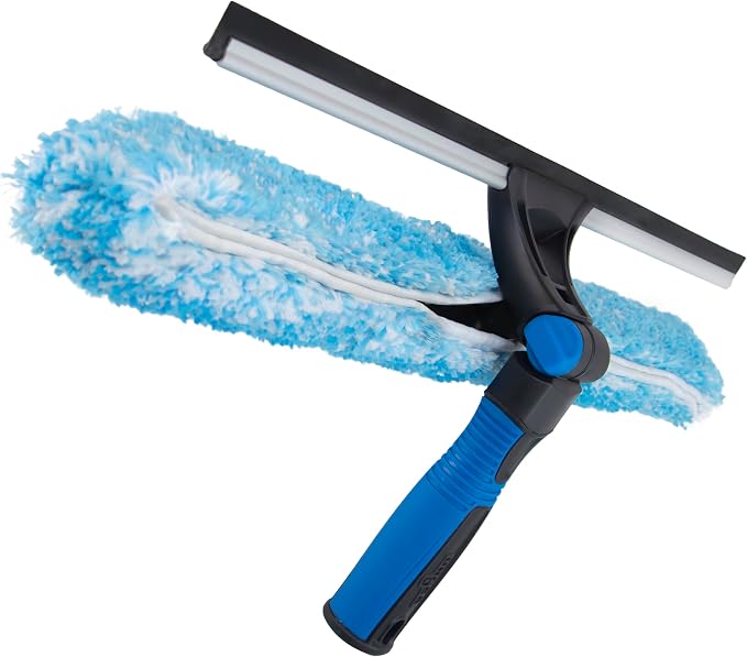 Unger Professional Connect and Clean 18” Proflex 2-in-1 Squeegee and Scrubber, High Access Window Cleaning Tool with Pivoting Head, Commercial and Residential Use, Reusable Microfiber Sleeve