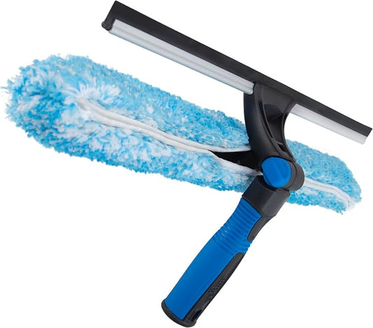 Unger Professional Connect and Clean 18” Proflex 2-in-1 Squeegee and Scrubber, High Access Window Cleaning Tool with Pivoting Head, Commercial and Residential Use, Reusable Microfiber Sleeve