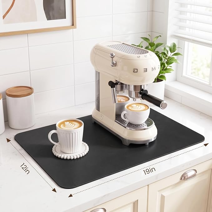 WISELIFE Coffee Mat Super Absorbent Dish Drying Mat Coffee Bar Accessories Match with Machine Large Drying Mats for Kitchen Counter 12" W x 19" L, Black