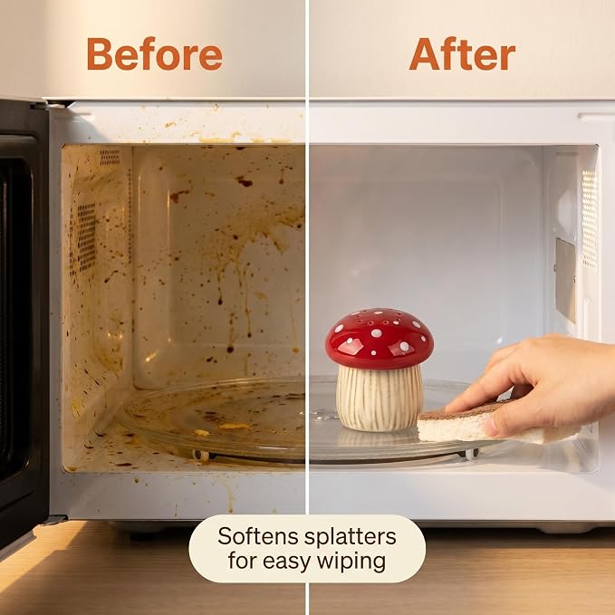 Ceramic Mushroom Microwave Steam Cleaner with Vented Lid for Easy Cleaning | Ceramic microwave steam cleaner with a vented lid uses heated vinegar steam to help loosen food residue for easier cleaning.
