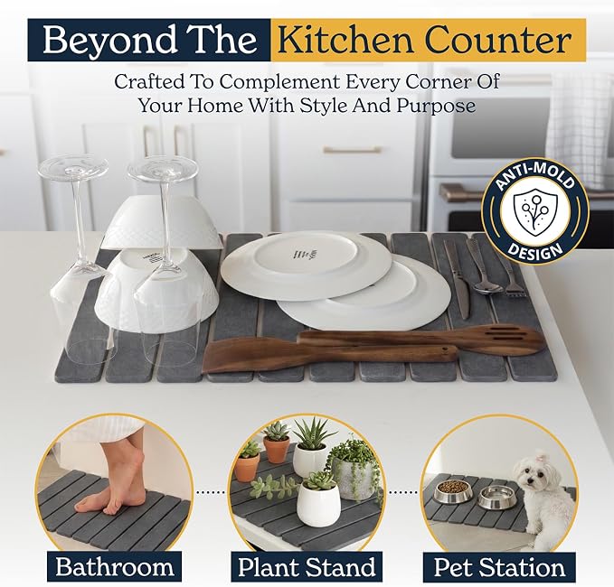 Oleex 3-Pack Stone Dish Drying Mat Set Includes 1 Large 24”x16” & 2 Small 4”x9” for Kitchen Counter-Collapsible Diatomaceous Earth Pad Absorbs Water & Dries Dishes Fast, Non-slip, Odor-Resistant Mats