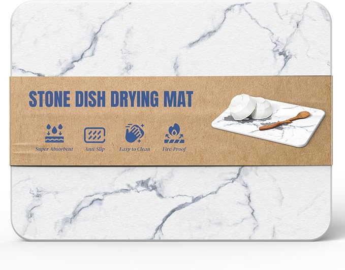 Quick Dry Stone Drying Mat for Kitchen Counter, Water-Absorbent Diatomaceous Dish Drying Mats, Multi-Purpose Stone Drying Tray for Cups Dishes Bottles, Carrara White Marble