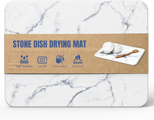 Quick Dry Stone Drying Mat for Kitchen Counter, Water-Absorbent Diatomaceous Dish Drying Mats, Multi-Purpose Stone Drying Tray for Cups Dishes Bottles, Carrara White Marble