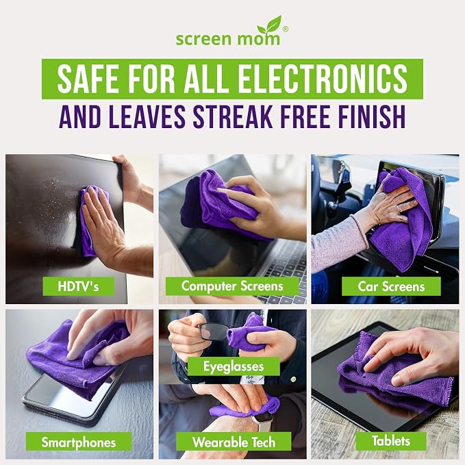 Screen Cleaner 4-Pack Microfiber Cloths for TV, Car, Laptop & Computer | Streak-Free Shine, 15.75"x15.75" in Size, Reusable Washable Towels, Purple, Cleaning Cloth for Electronics & Gadgets