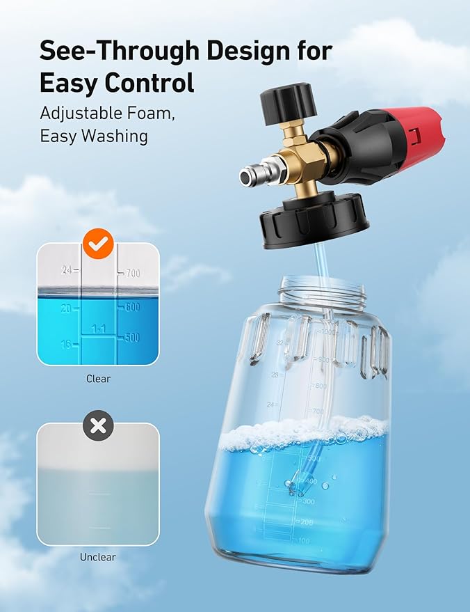 AstroAI Foam Cannon for Pressure Washer with 1/4" Quick Connect Plug, 1 L | Thick Foam, Car Wash, Heavy Duty Snow Clear Bottle, Wide Neck, Adjustable, Quick Connect, for Various Cleaning Tasks, Brass