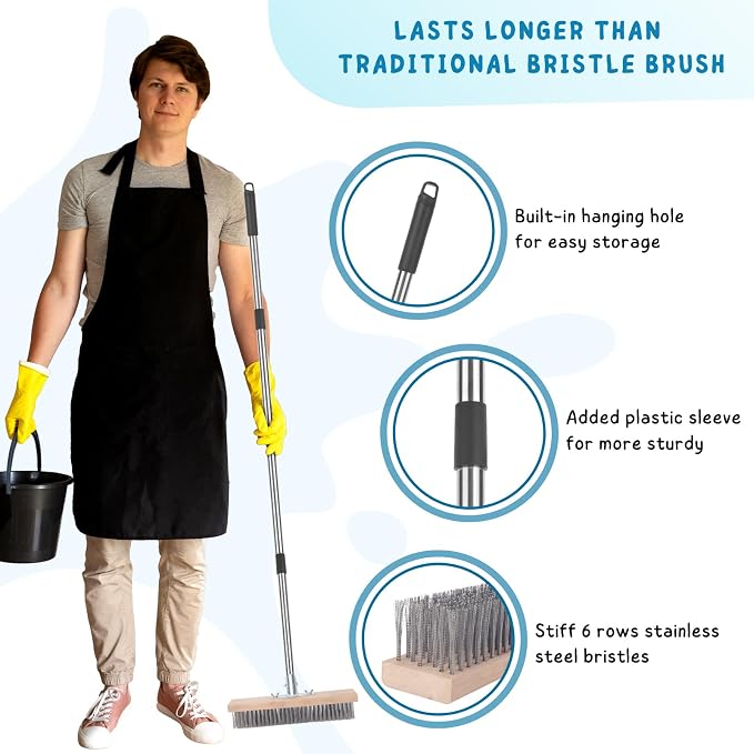 Deck Brush with Long Handle, Scrub Brush for Shower, Stainless Steel Wire Scrub Brush with Long Handle for Deck, Concrete, Patio Floor Cleaning