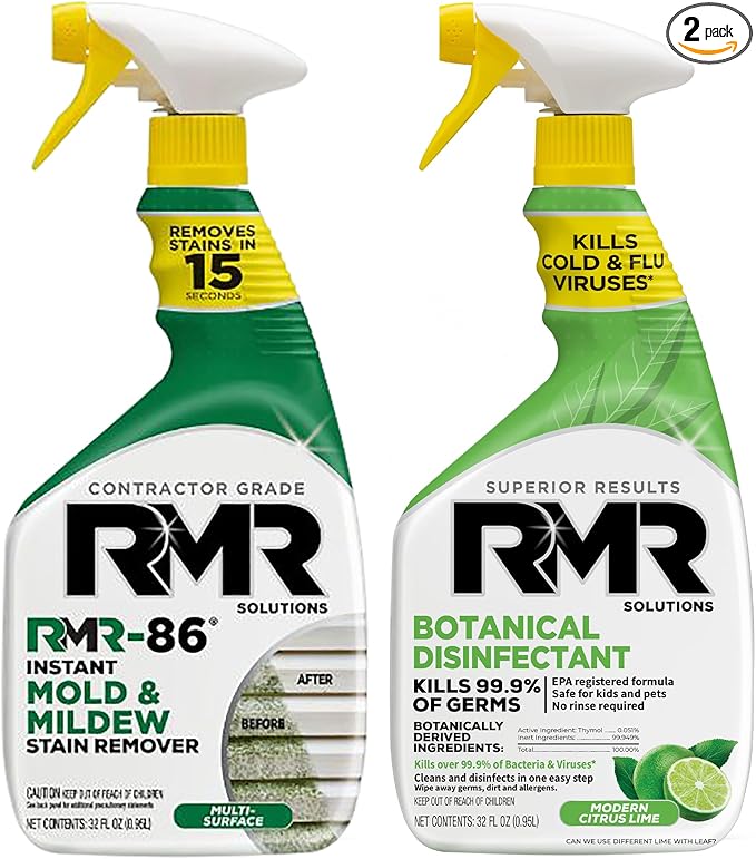RMR Stain & Sanitation System –Instant Mold & Mildew Stain Remover + Botanical Disinfectant Cleaner, Indoor/Outdoor Cleaning Kit for Kitchens, Bathrooms, Furniture, Siding, & Deck, 2–32 Oz Bottles