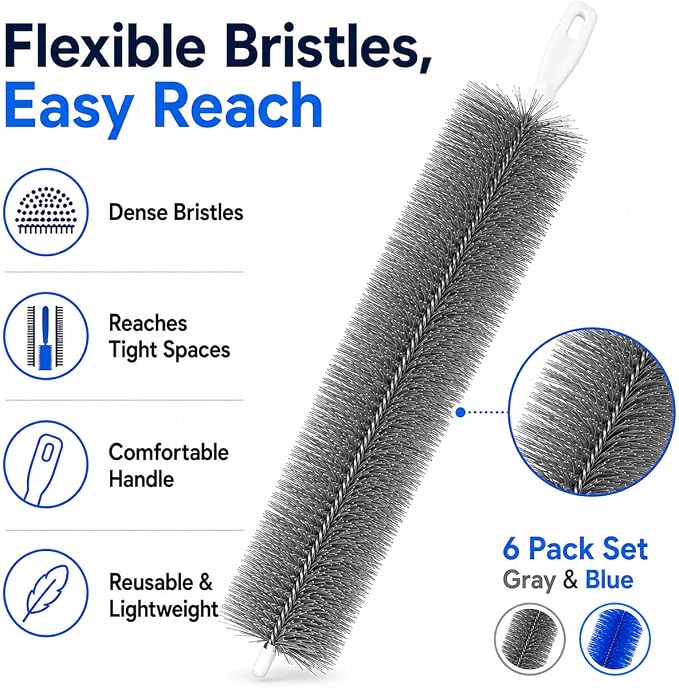 6 Pack Fan Cleaning Brush, Bendable Blinds Cleaner Tool for Vents | 6 reusable fan cleaning brushes with flexible bristles for fans, blinds, vents, screens, tracks and narrow gaps.
