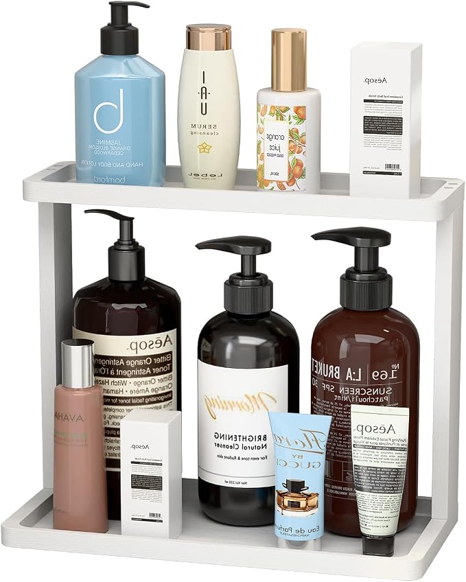 PEKER Bamboo Bathroom Organizer Countertop – Small Vanity Storage Shelf for Makeup, Perfume, Skincare – Natural Cosmetics Display Rack for Dresser, Sink, Kitchen –White