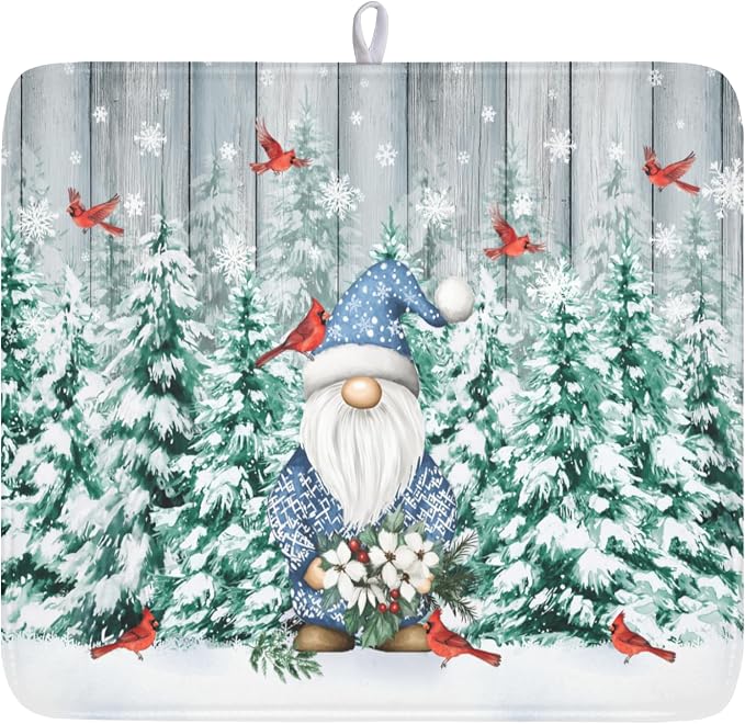 Giwawa Winter Gnome Dish Drying Mat Pine Tree Dishes Pad 16"x18" Microfiber Absorbent Fast Dry Drainer Rack Mats Protector for Kitchen Countertop