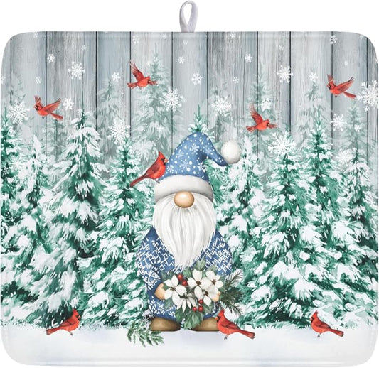 Giwawa Winter Gnome Dish Drying Mat Pine Tree Dishes Pad 16"x18" Microfiber Absorbent Fast Dry Drainer Rack Mats Protector for Kitchen Countertop