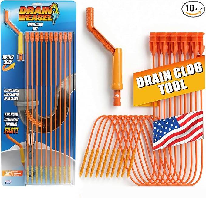 FlexiSnake Drain Weasel Sink Snake Hair Clog Remover Tool Kit, 10 Wands | Pipe, Bathroom, Bathtub Cleaner, 18-inch Long Refills, Flexible, Removable Handle, Made in The USA