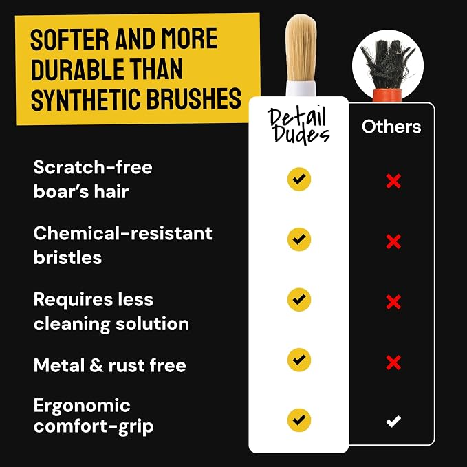 Car Detailing Brush Set 3-Pack, Interior and Exterior, Detail Dudes | Scratch-Free Boars Hair - Exterior & Interior Cleaning Brushes - Safe for Leather, Piano Black Trim, Dashboards & Wheels