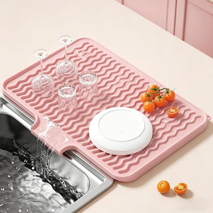 Rnivvi Silicone Dish Drying Mat for Kitchen Counter, 16 x 12" Drainer Pad with Drainage Spout, Easy Clean Dish Rack Mat for Dishes, Non-Slip Countertop Protector Heat Resistant Trivet, Utensils, Pink