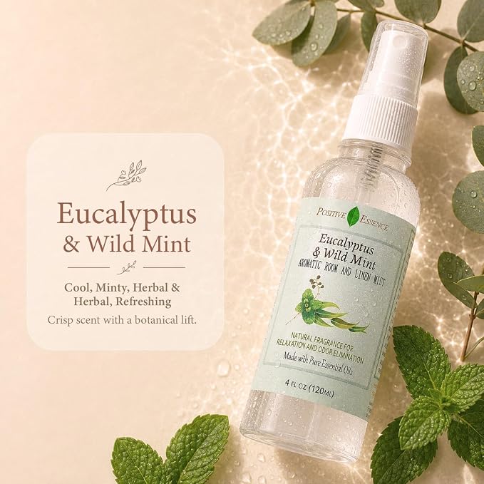 Eucalyptus & Wild Mint Room and Linen Spray, Natural Aromatic Mist Made with Pure Eucalyptus & Wild Mint Essential Oils, Refreshing Air Freshener Odor Eliminator Positive Essence