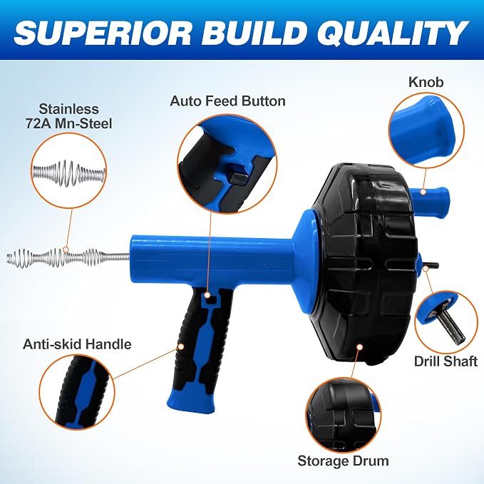 Drainsoon Auto Feed Drain Auger with Drill Adapter, 33 Feet Drain Snake Hair Clog Remover, Manual or Powered Plumbing Snake Drain Cleaner for Bathroom, Shower, Kitchen Sink, Comes with Gloves