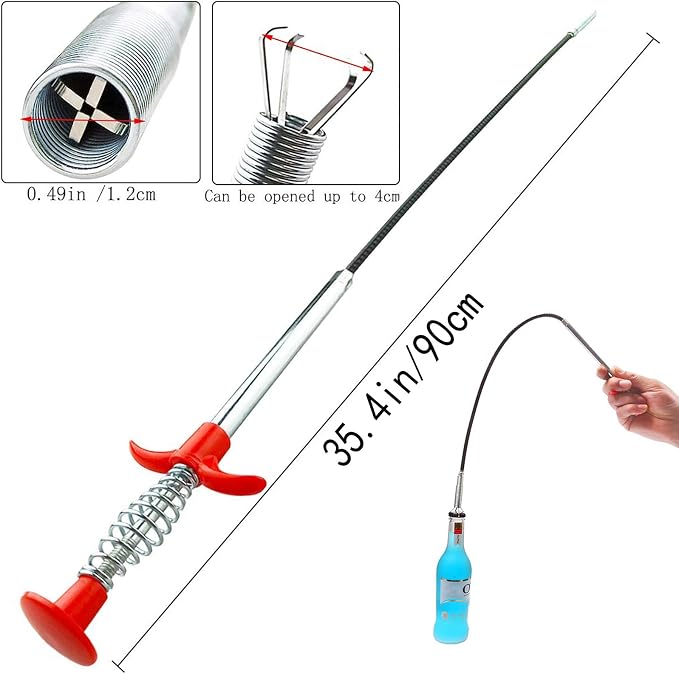 Flexible Drain Clog Remover Tool, Extra Long Plumbing Snake Hair Catcher with 4-Prong Grabber Claw, Heavy-Duty Spring Reacher for Kitchen Sink, Bathroom Tub, Sewer & Dropped Items (35 inch)