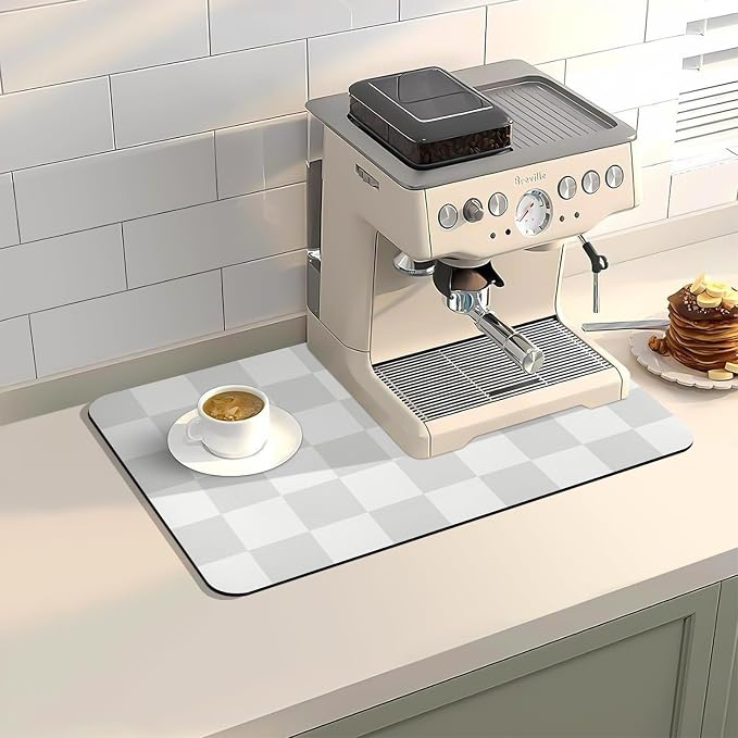 Dish Drying Mat for Kitchen Counter,12"x 19" Super Absorbent Kitchen Dish Drying Pad, Coffee Bar Mat with Rubber Backed, Coffee Bar Accessories for Countertop Dishes Utensils,Grey Checkered