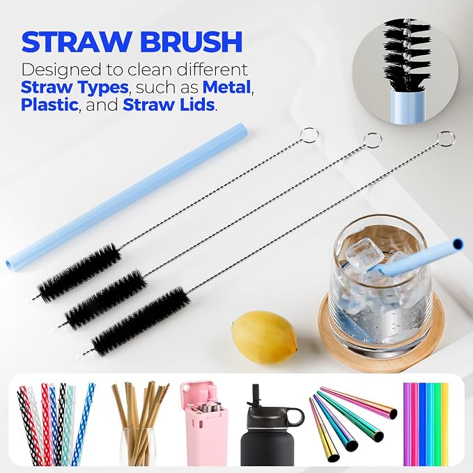 Holikme 6 Pack Bottle Brush Set, 14" Long Handle Stainless Steel Bottle Cleaner Brush, 3 Straw Brushes, Bottle Cleaning Brush for Water Bottle, Baby Bottle Straws, Black