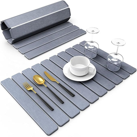 Large Stone Dish Drying Mat for Kitchen Counter, 24"(L)×16"(W), Collapsible Quick Dry Stone Dish Mats, Super Absorbent Diatomaceous Earth Drying Pad for Dishes Bottles Cups, Countertops (Black Grey)