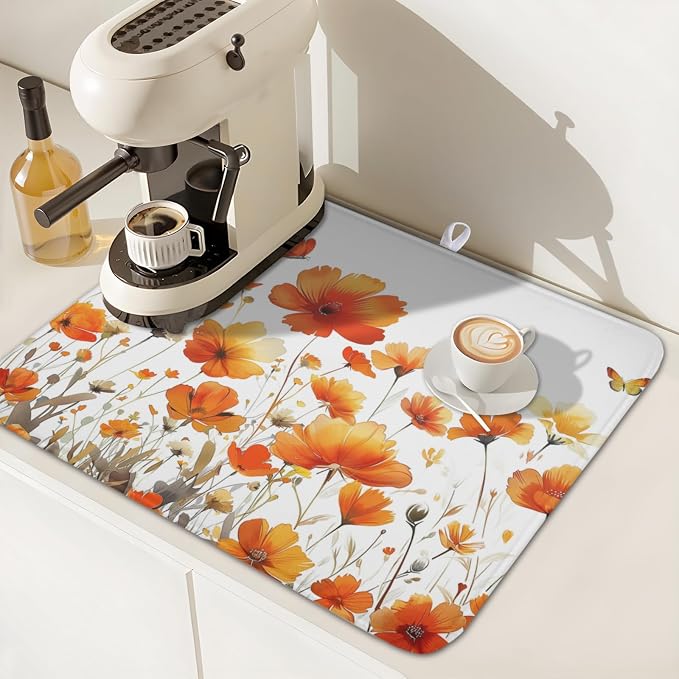 Fall Dish Drying Mat for Kitchen Counter 16 x 18 Inch Autumn Orange Floral Dish Drainer Mat Absorbent Microfiber Thanksgiving Harvest Dish Rack Pad for Coffee Dining Decor