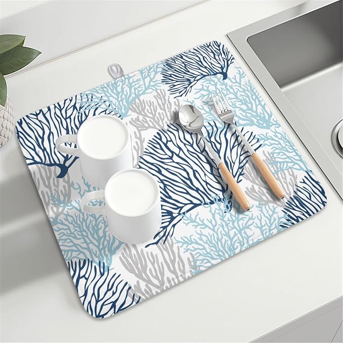 Beach Theme Dish Drying Mat for Kitchen Counter 16x18 Inch | Blue Coral，Polyester，Absorbent Microfiber，for Coffee Dining Decor