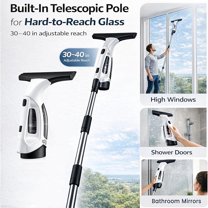 Window Vacuum Squeegee Cordless Electric 2000Pa(White) | Electric squeegee 11-inch blade and 150mL tank for windows, shower doors, mirrors and smooth glass