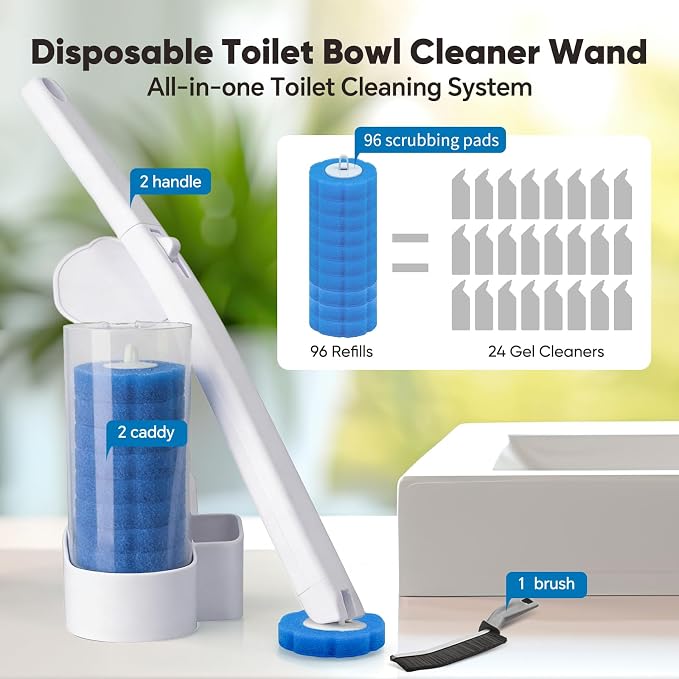 2 Pack Disposable Toilet Brush and Holder Set, Wall Mounted Toilte Wand Kit, Disposable Bowl Ceaner Wand and Caddy with 96 Refills for Closestool Cleaning