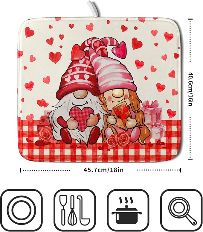 Love Gnome Dish Drying Mat 16"x18" Red Heart Microfiber Dish Drainer Rack Mat Holiday Absorbent Dishes Pad for Kitchen Counter Sink Decor