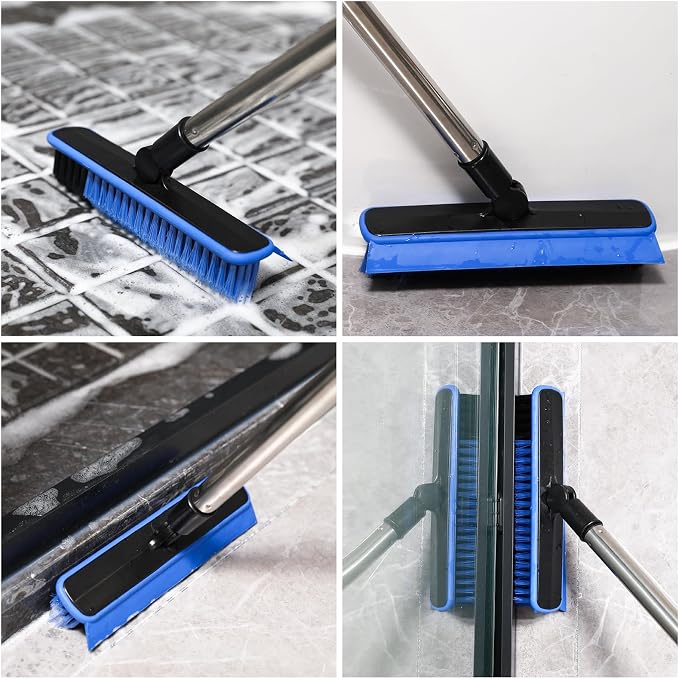 Grout Cleaner Brush with Long Handle, V-Shaped Floor Scrub Brush Swivel Grout Brush Stiff Bristle Floor Grout Scrubber for Bathroom, Tile Line, Crevice, Kitchen, Wall, Deck, Garage (Blue)