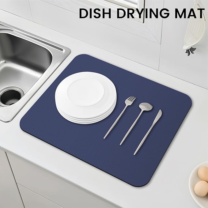 WISELIFE Dish Drying Mat Super Absorbent Drying Mat Large Dish Drying Mats for Kitchen Counter Easy Clean Dish Mat Kitchen Drying Mat15"x 18" Classic Blue