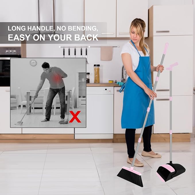 Pink Broom with Dustpan Combo Set, 51" Long Handle Household Cleaning Tool, Ideal Broom and Dustpan Set for Pet Hair and Home Use