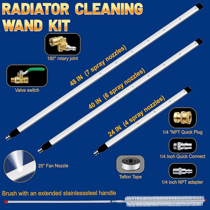 48" & 40" & 24" Radiator Cleaning Wand Set, Water/Air Flush Nozzle | 3 Sizes Pressure Washer Spray Gun, 4500 PSI with Adapter & Brush for Cars, Trucks, Heavy Equipment, Cooling System Cleaning