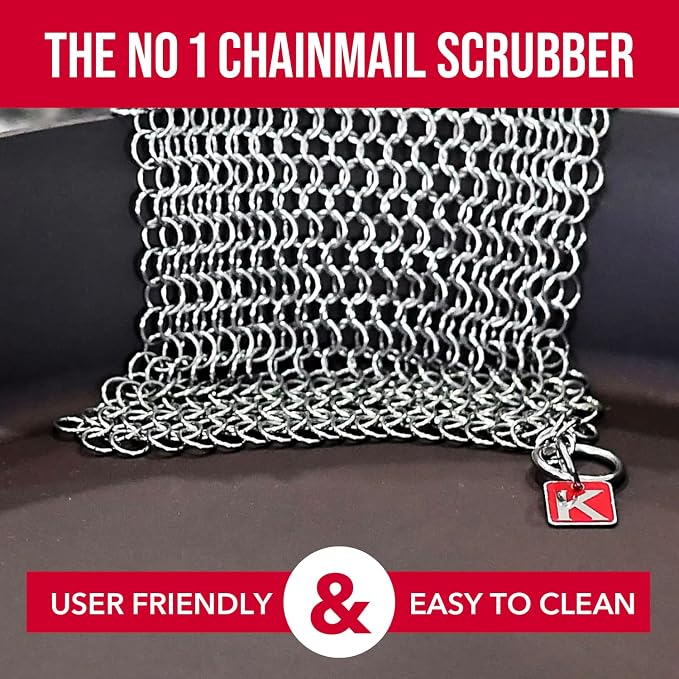Knapp Made CM Scrubber 6" x 6" Small Ring Chainmail Cast Iron Scrubber, Premium Stainless Steel Mesh Cleaner for Pre-Seasoned Pans, Dutch Ovens, Grills and Skillets