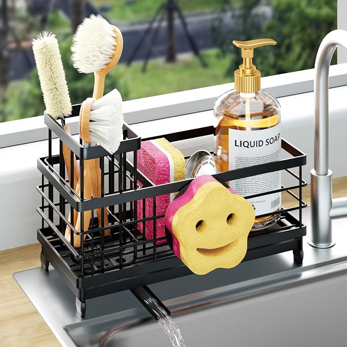 HapiRm Sponge Holder for Kitchen Sink - Self-draining Sink Caddy with Smiley Face and Brush Holder, Stainless Steel Kitchen Countertop Essentials and Gadgets - Black