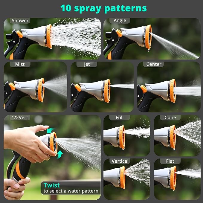 QUOBAS Metal Garden Hose Nozzle, Heavy Duty Water Hose Sprayer, Leak Proof | 10 Pattern Water Nozzle with Rubber Gasket, Garden Sprayer for Watering Plants, Washing Cars, Pet Shower, Orange, 2-Pack