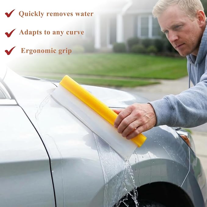 12" Silicone Car Squeegee, T-Bar Water Blade for Drying (Yellow) | Silicone Water Blade, Safe On Auto Paint & Glass. T-Shape, Non-Slip Handle For Fast Work.